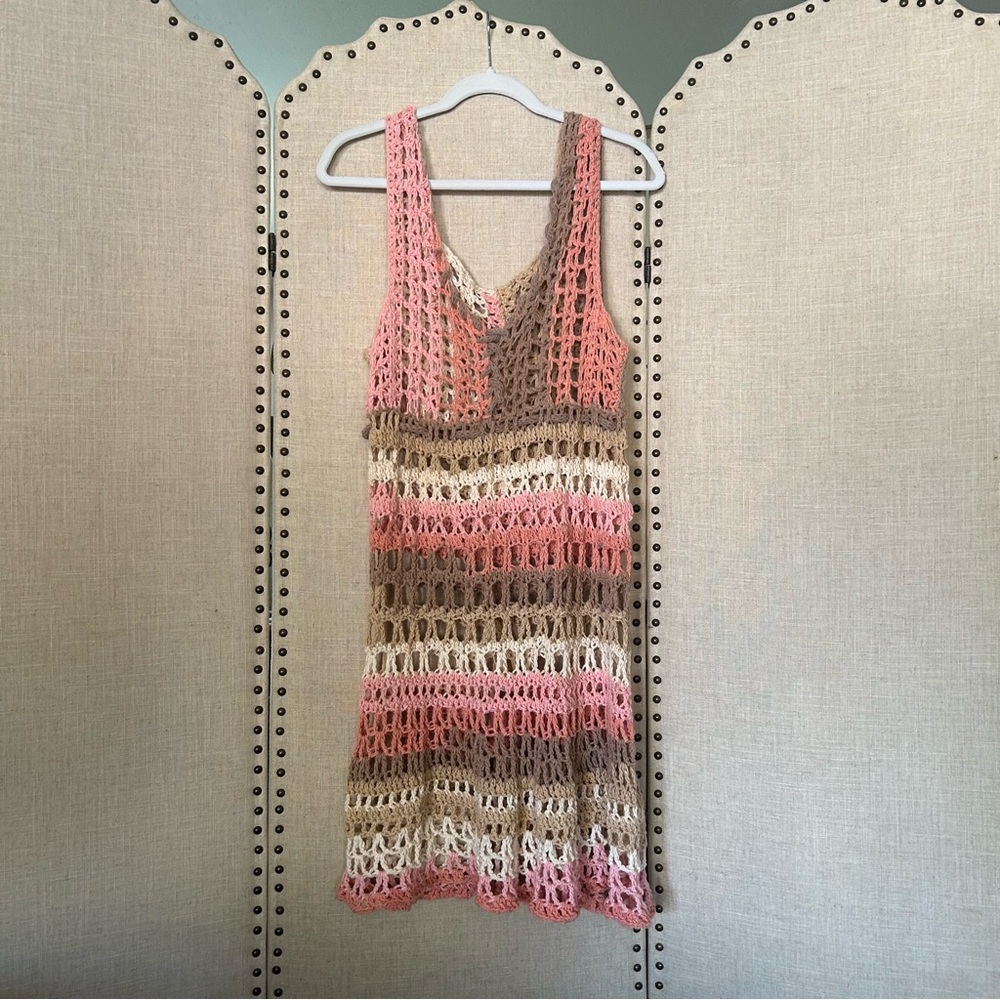 Vintage Pink and Brown Multi - Color Fit and Flare Corset Crochet Dress